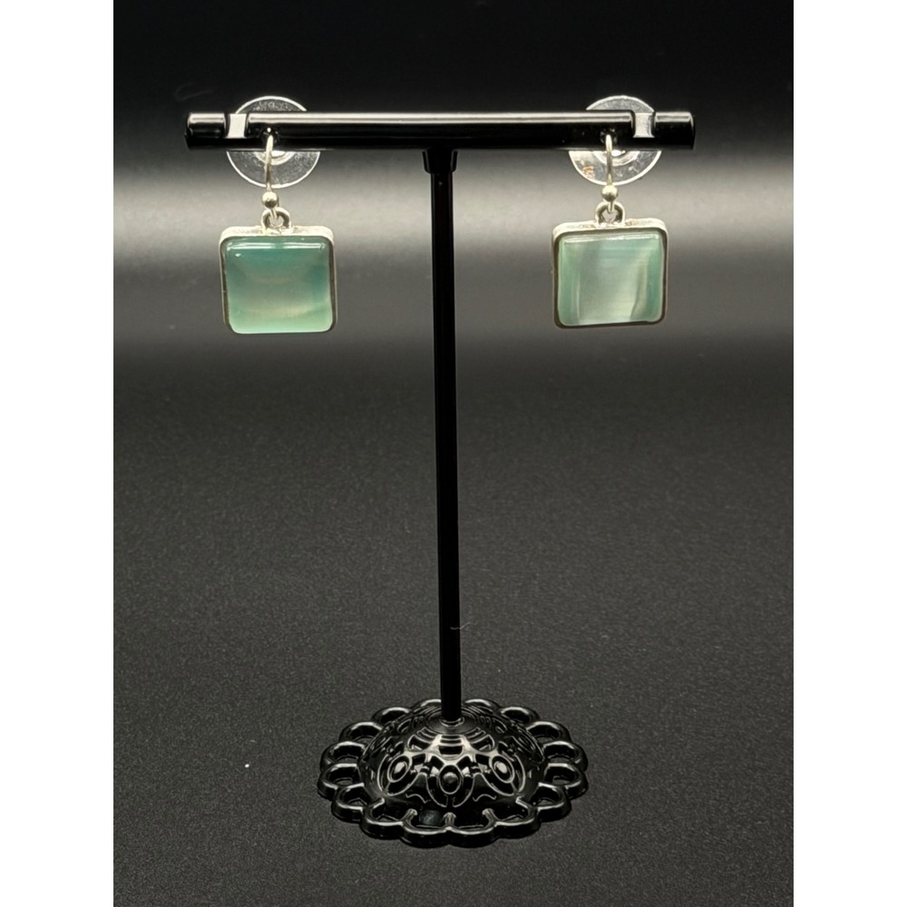 Sage Green Square Cabochon Drop Earrings Silver Tone Textured Backing Minimalist